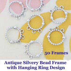 Antique Silvery Bead Frame, Pendant Connector, with Hanging Ring Design